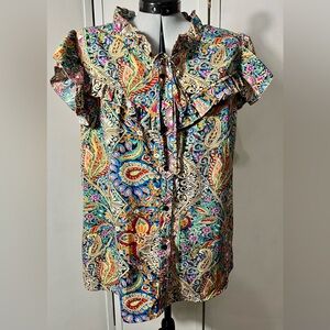 SHEIN Women’s 2XL Multicolor Paisley Ruffle Neck Button down Blouse